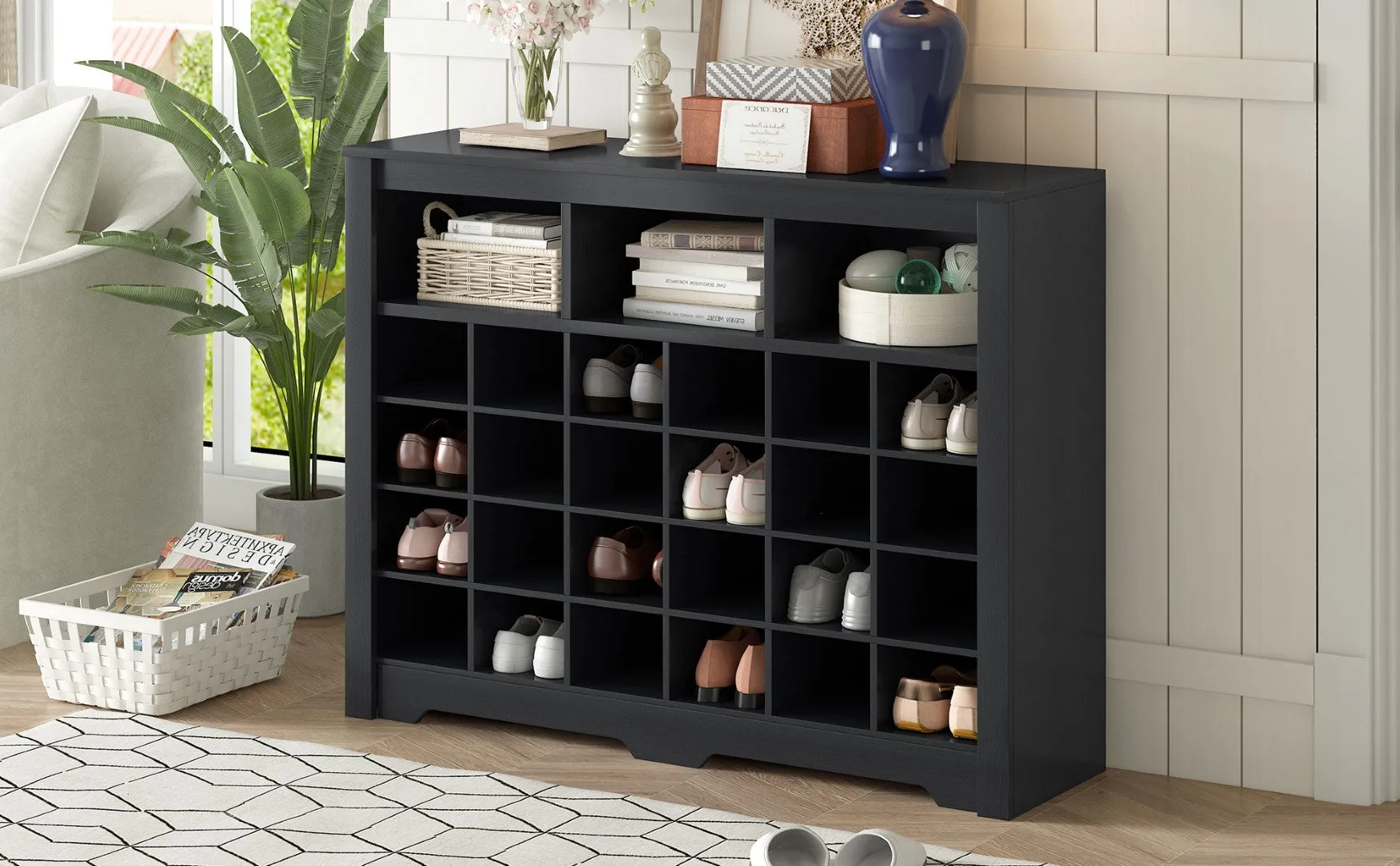 24 Shoe Cubby Console, Modern Shoe Cabinet, Versatile Sideboard for Hallway, Bedroom, Living Room - Black