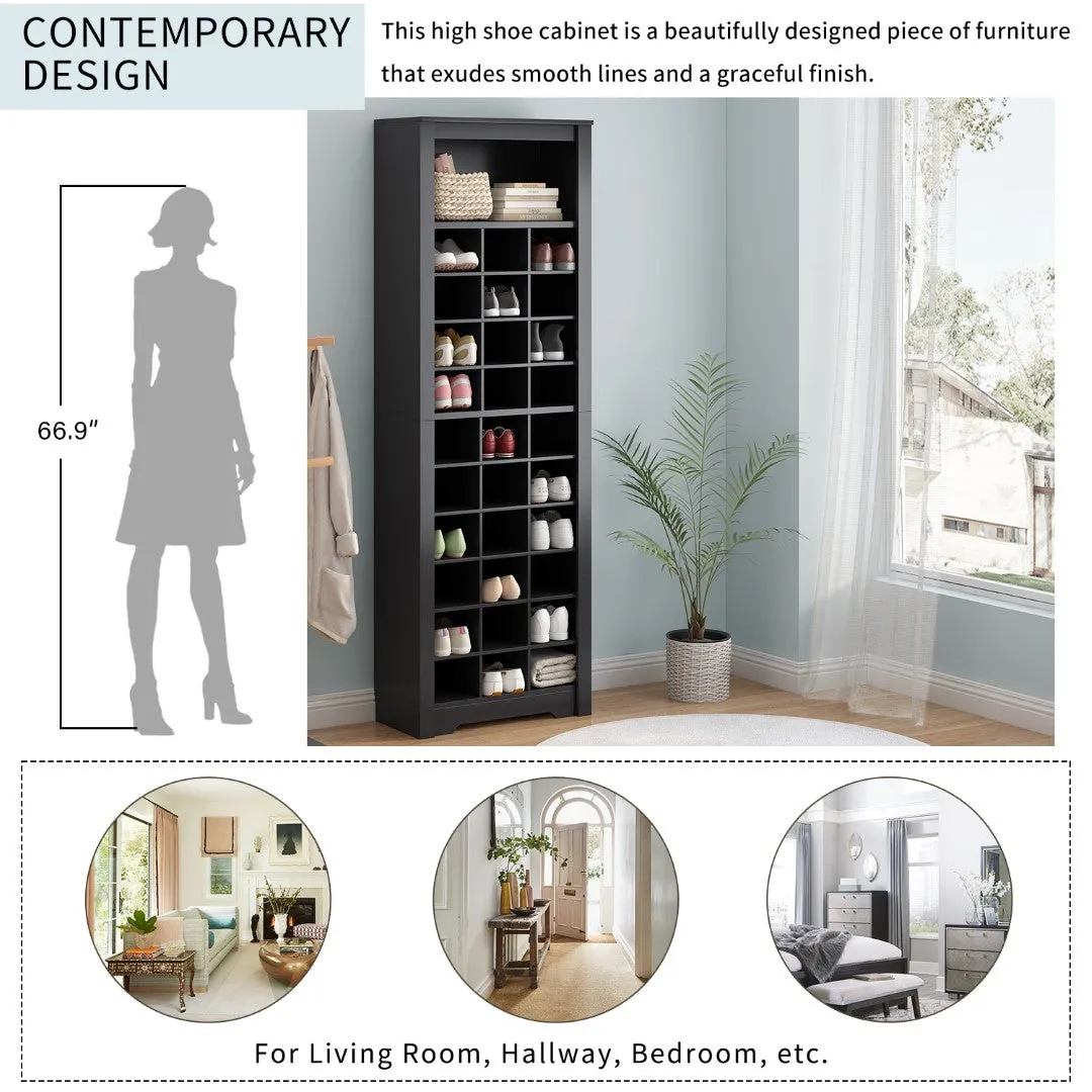 30-Shoe Cubby Console, Contemporary Shoe Cabinet, Multiple Storage, Free Standing Tall Cabinet, Hallway/Bedroom, Black