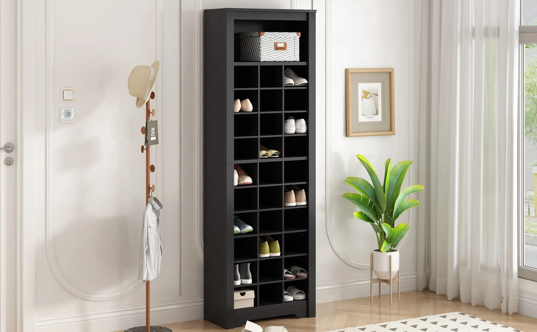 30-Shoe Cubby Console, Contemporary Shoe Cabinet, Multiple Storage, Free Standing Tall Cabinet, Hallway/Bedroom, Black