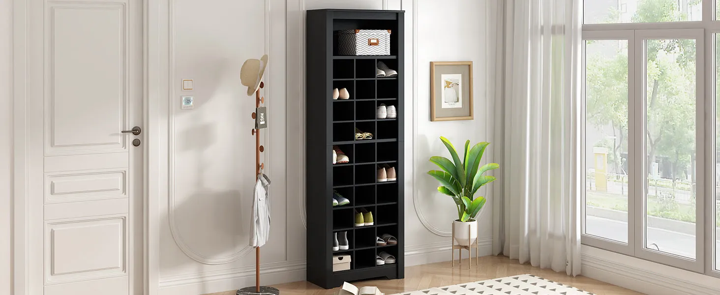 30-Shoe Cubby Console, Contemporary Shoe Cabinet, Multiple Storage, Free Standing Tall Cabinet, Hallway/Bedroom, Black