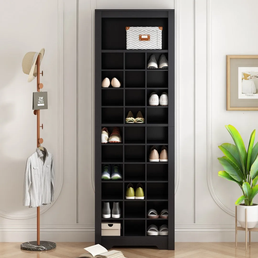 30-Shoe Cubby Console, Contemporary Shoe Cabinet, Multiple Storage, Free Standing Tall Cabinet, Hallway/Bedroom, Black