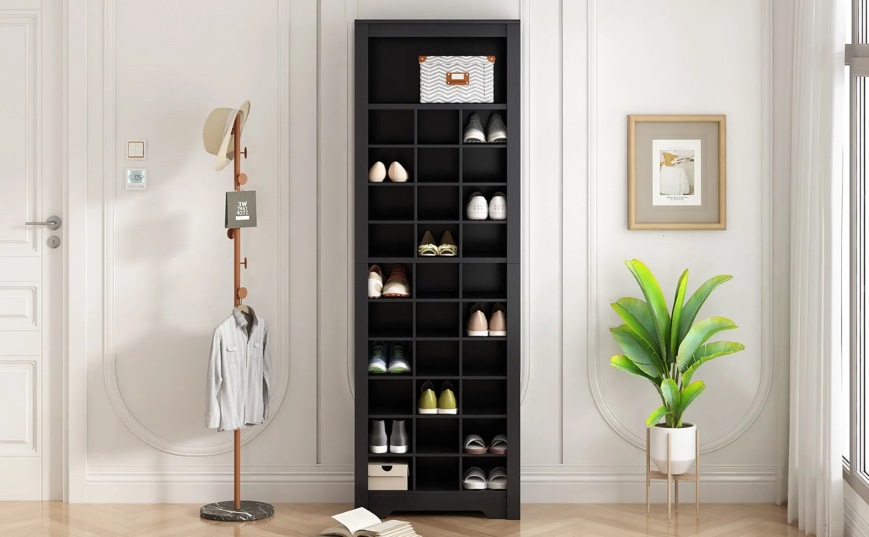 30-Shoe Cubby Console, Contemporary Shoe Cabinet, Multiple Storage, Free Standing Tall Cabinet, Hallway/Bedroom, Black