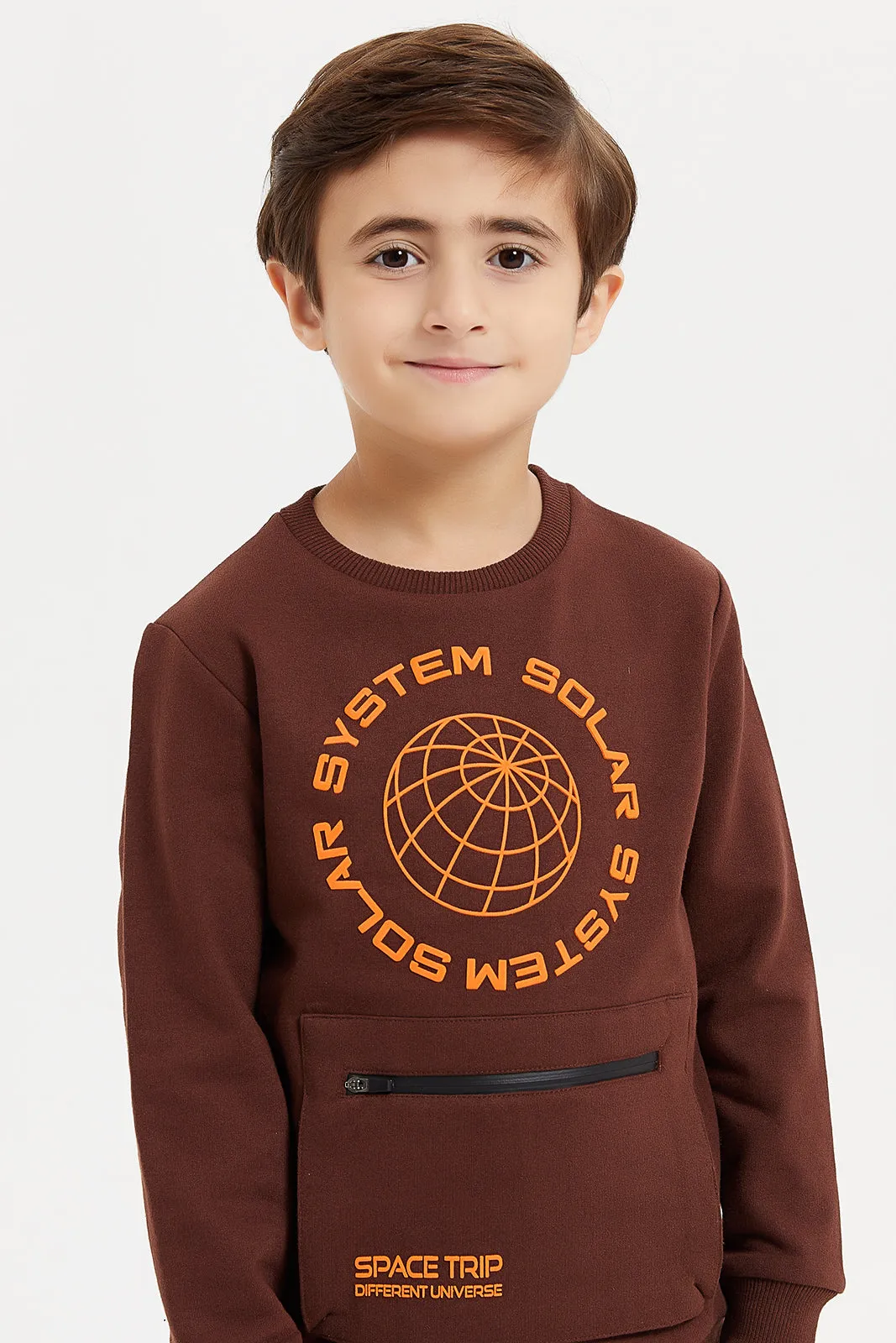 Boys Brown Zip Pocket Sweatshirt