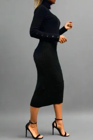 DINA BLACK KNITTED HIGH NECK MIDI DRESS