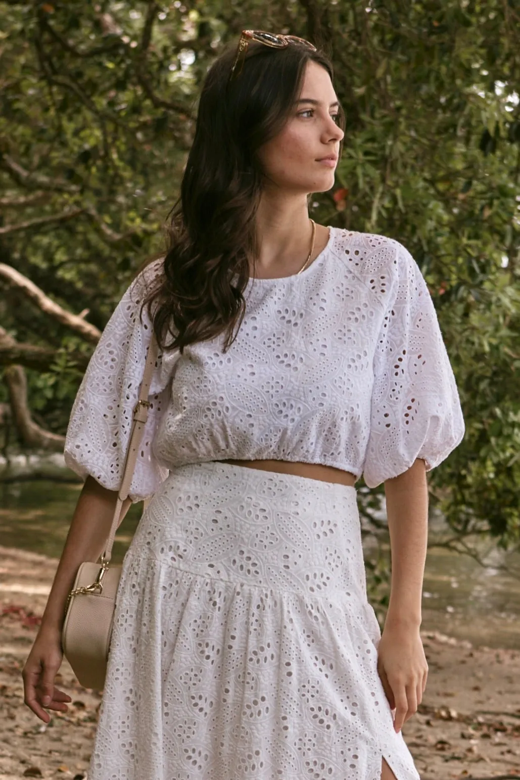 Embellish White Broidery Anglaise Cropped Puff Sleeve Top