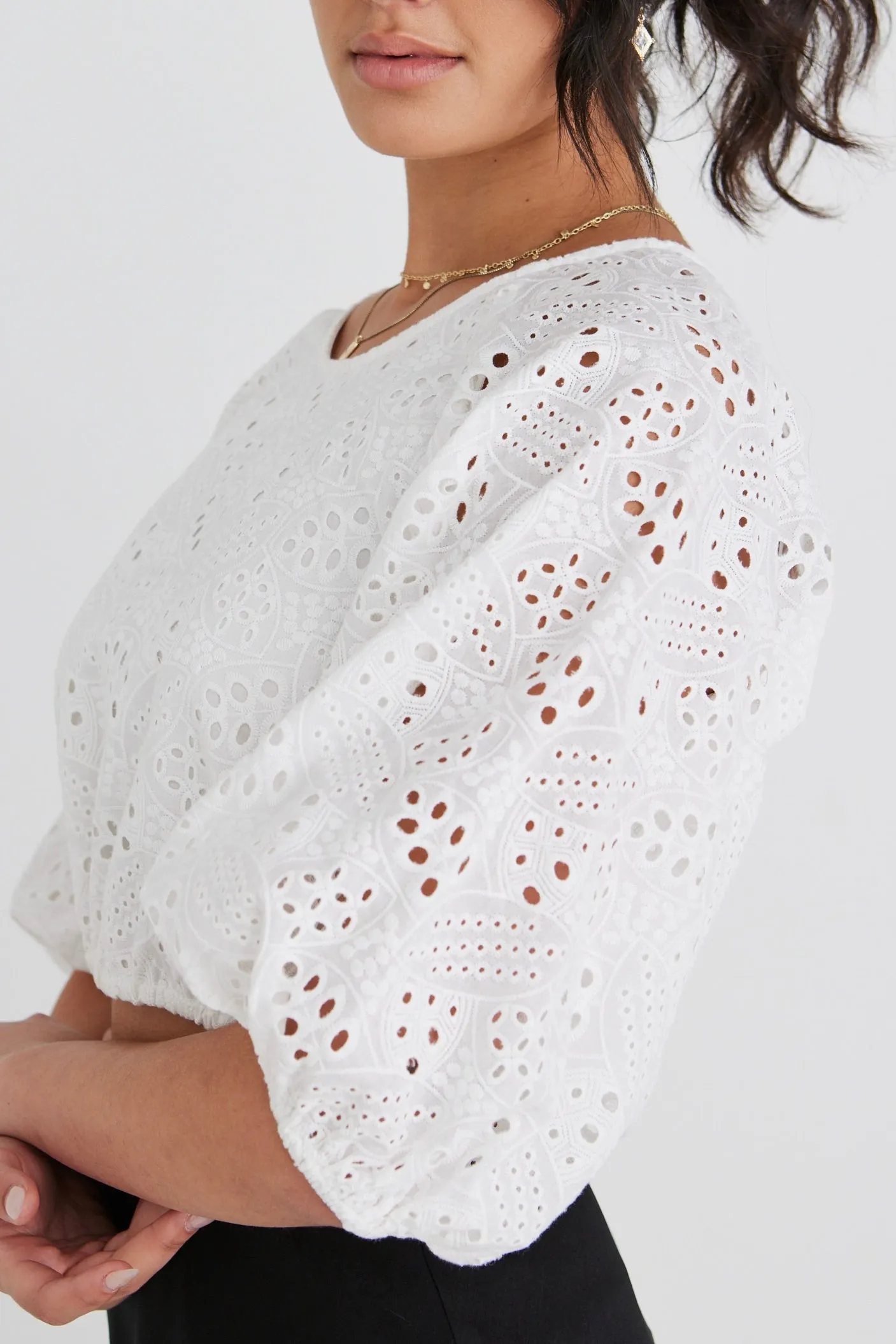 Embellish White Broidery Anglaise Cropped Puff Sleeve Top