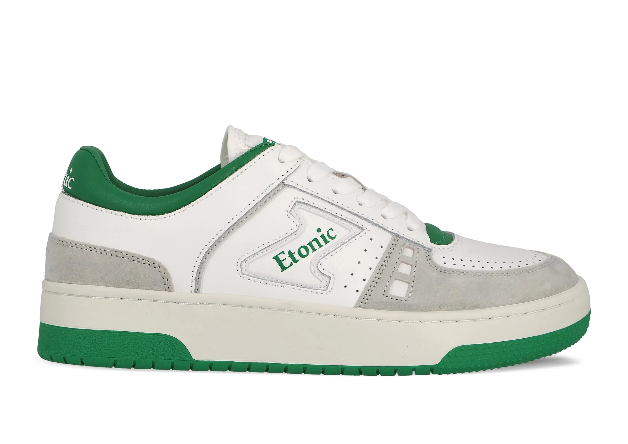 Etonic B509 sneakers in white leather, light grey suede, greene details and off white outsole.