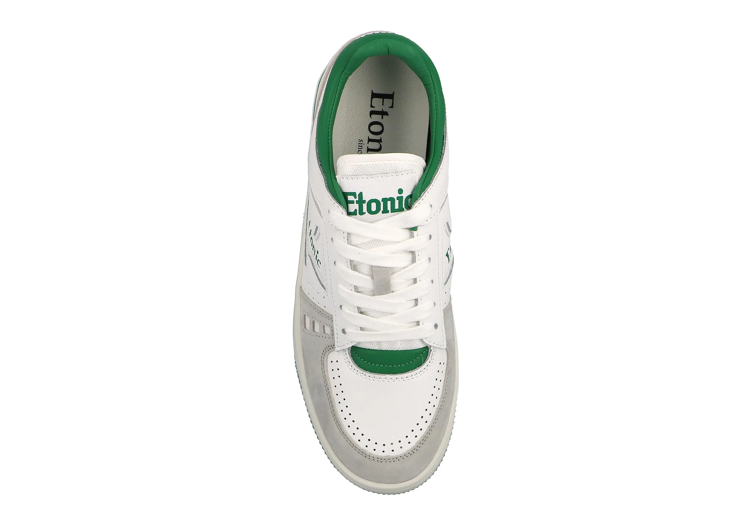 Etonic B509 sneakers in white leather, light grey suede, greene details and off white outsole.