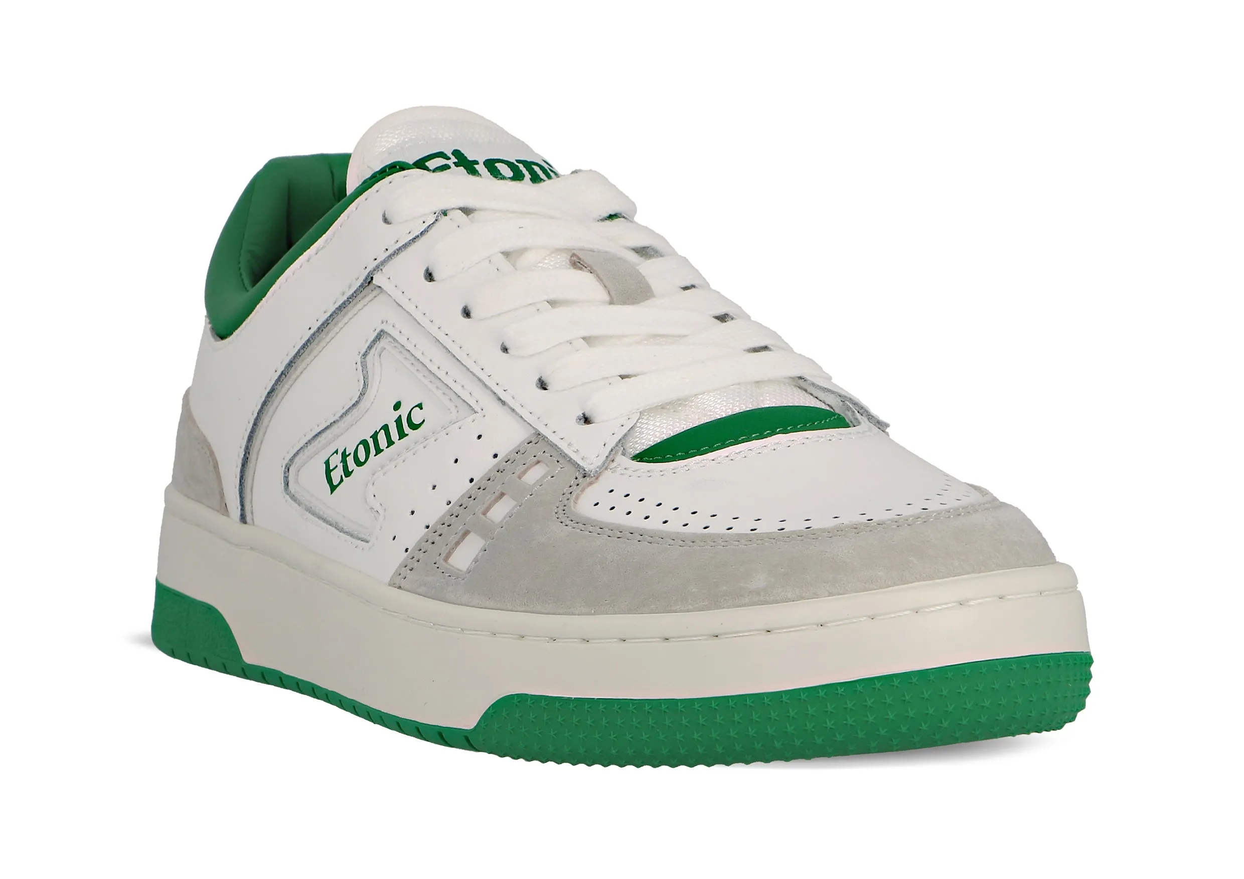 Etonic B509 sneakers in white leather, light grey suede, greene details and off white outsole.