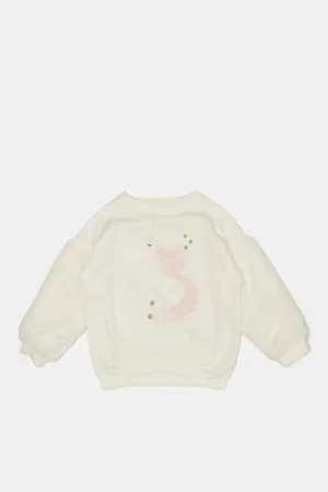 Infant Girls Ivory Embellished Fur Sleeves Sweatshirt