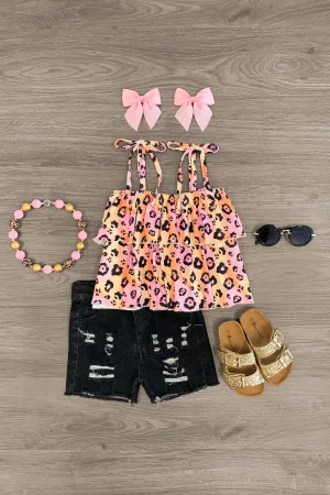 Pink & Orange Cheetah Tie Shoulder Denim Short Set