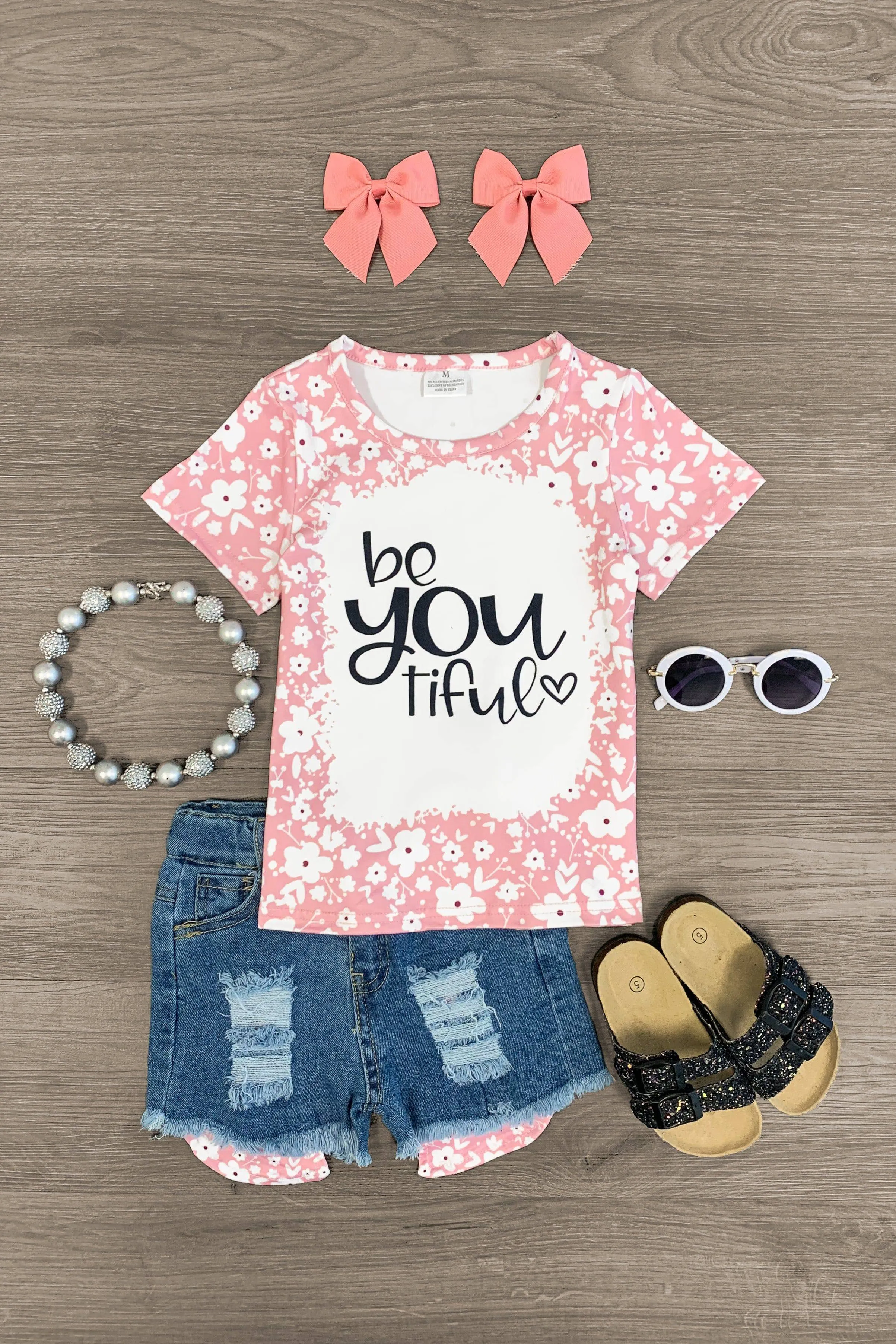 "Be-You-Tiful" Pink Floral Denim Short Set