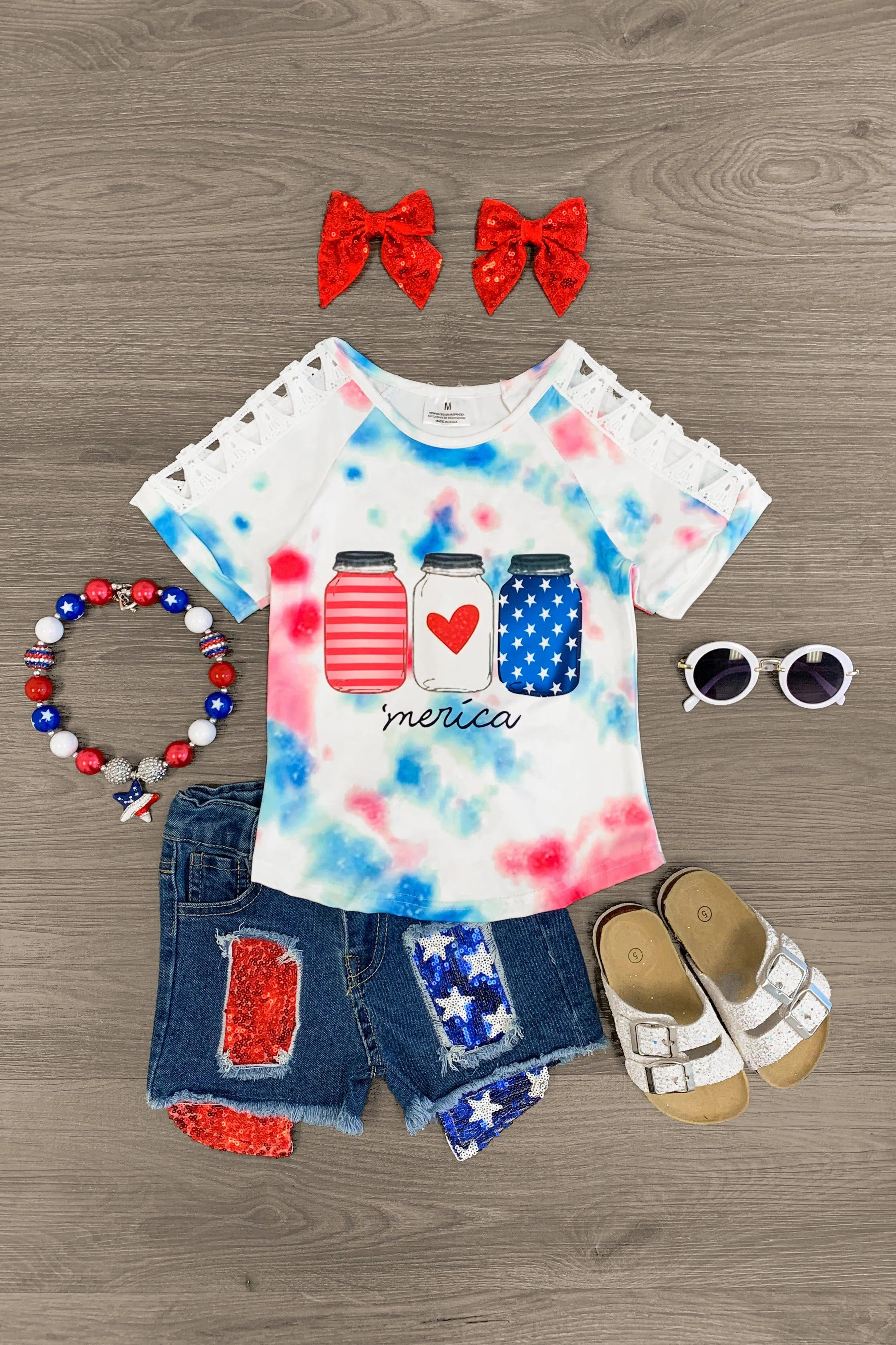 "Merica" Mason Jar Crochet Sleeve Denim Short Set