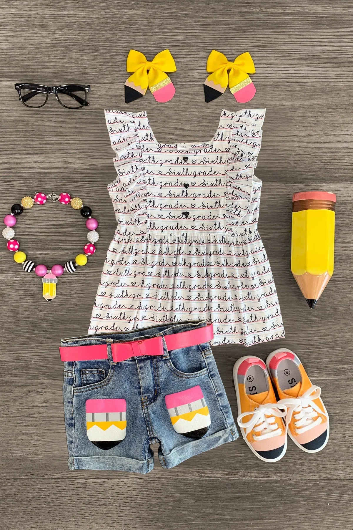 "Pre-K - Sixth Grade" Notebook Denim Short Set