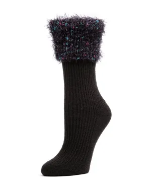 Women's Fancy Fuzz Cuff Ribbed Crew Socks