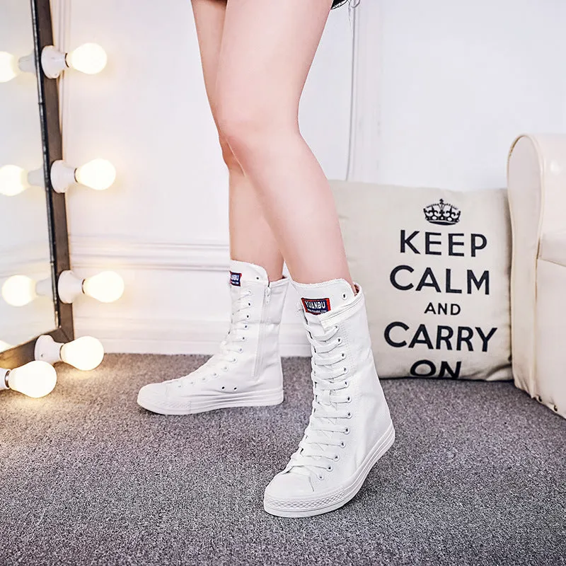 Womens Fashion Lace Up Mid-Calf Boots Canvas Shoes