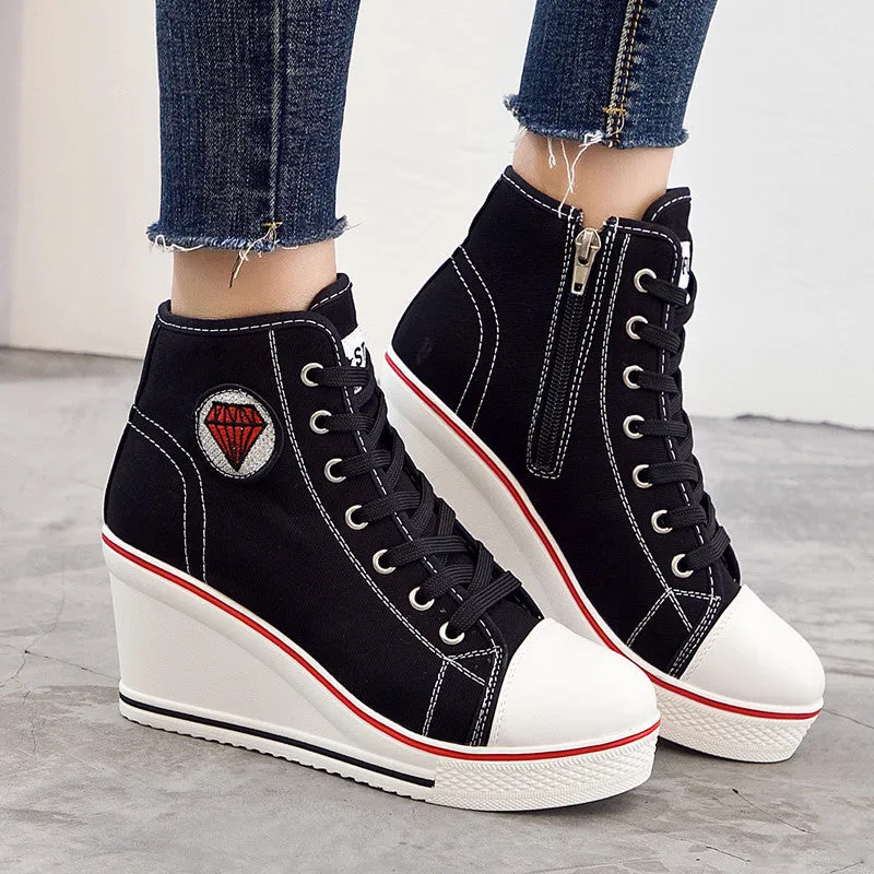 Womens Wedge Chunky Heel Casual Zipper Lace-up Canvas Shoes